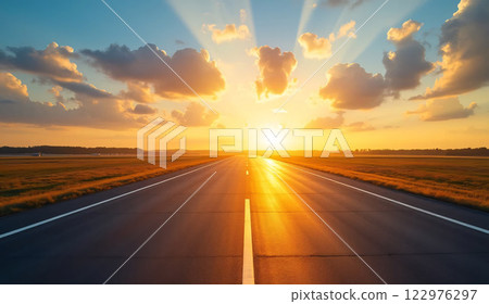 A beautiful sunset lighting up a peaceful road, bringing warm tones to the surroundings and fostering a calm sense of liberty and tranquility.  122976297