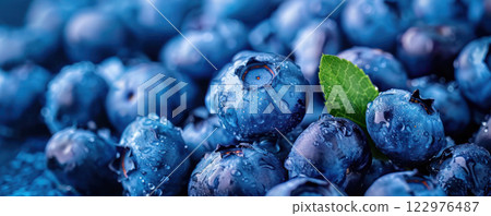 Close-up of fresh and vibrant blueberries with water droplets, highlighting their deep blue color and natural texture. 122976487