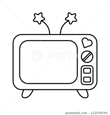 Cute Retro TV with Antennas and Buttons Vector Outline Illustration. Black and white vector illustration of a retro television with star-shaped antennas and playful buttons. 122976548
