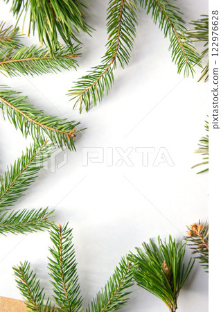Star-shaped arrangement of fresh evergreen branches on a light background, ideal for crafting decorations during the holiday season Star-shaped arrangement of fresh evergreen branches on a light background, ideal for crafting decorations during the holiday season 122976628