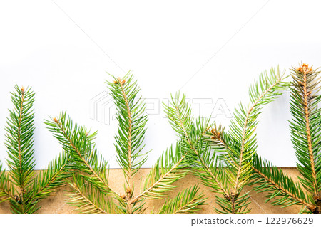 Fresh evergreen branches arranged on a light wooden background for seasonal decoration and crafting ideas, perfect for winter themes Fresh evergreen branches arranged on a light wooden background for seasonal decoration and crafting ideas, perfect for winter themes 122976629