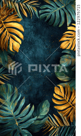 Tropical monstera and palm leaves in various shades of green and gold forming a lush frame on a dark textured background. 122976715