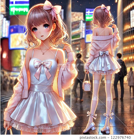 Date tonight Fashion coordination Loose and fluffy girl Front and back view Image AI generated 122976740