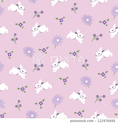 Easter Bunny seamless pastel pink pattern. Rabbit with Flower Background, Easter bunny spring florals illustration, Fabric Pattern for Spring, Summer Wrapping 122976888