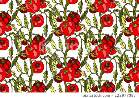 Botanical seamless pattern with cartoon growing red tomatoes vector illustration. Repeating vegetables pattern in white color background. Graphic design for Wallpaper Fashion Textile Cover Birthday Botanical seamless pattern with cartoon growing red tomatoes vector illustration. Repeating vegetables pattern in white color background. Graphic design for Wallpaper Fashion Textile Cover Birthday 122977083