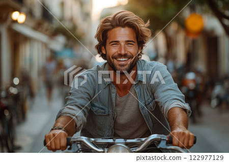 Smiling Man Riding Bicycle in City Street 122977129