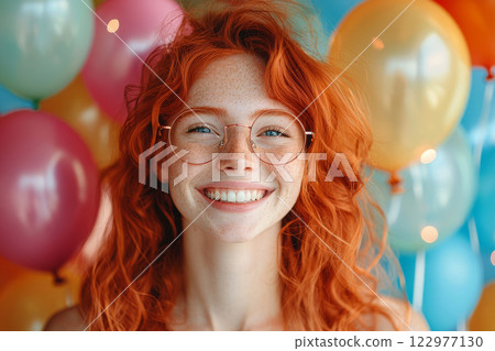 Smiling red haired woman with freckles at festive celebration 122977130