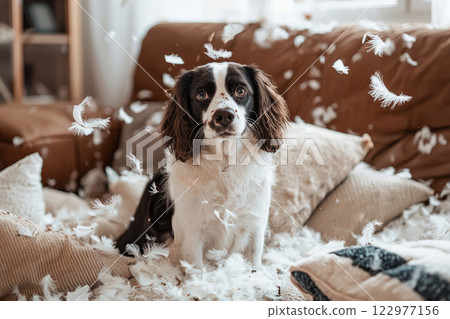 Guilty Dog Sitting Among Feathers After Pillow Disaster 122977156