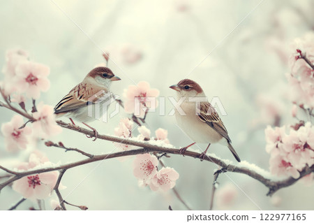 Two birds on blooming tree branch in winter Two birds on blooming tree branch in winter 122977165