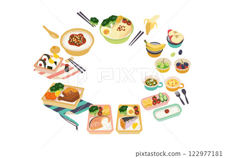 Cute Asian lunch box with delicious and healthy rice, vegetables and fruits 122977181