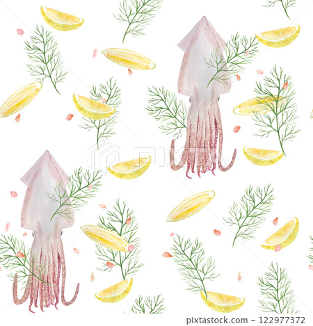 Squid, lemon, dill and pink salt watercolor seamless pattern isolated on white background, hand drawn for food design. Spice box, restaurant menu, packaging, cards, food ads, labels decor and design Squid, lemon, dill and pink salt watercolor seamless pattern isolated on white background, hand drawn for food design. Spice box, restaurant menu, packaging, cards, food ads, labels decor and design 122977372