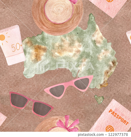 Australia map, sunglasses, sun hat, passport watercolor seamless pattern on mocha background. Hand drawn art perfect for stationary design, notebooks, wrapping paper and textile. Travel clip art Australia map, sunglasses, sun hat, passport watercolor seamless pattern on mocha background. Hand drawn art perfect for stationary design, notebooks, wrapping paper and textile. Travel clip art 122977378