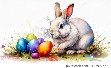 Colorful Easter eggs and rabbit watercolor illustration Colorful Easter eggs and rabbit watercolor illustration 122977446
