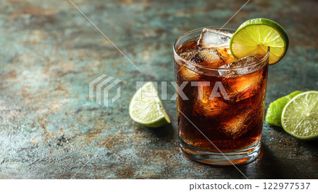 Glass of Cuba Libre cocktail with ice cubes and lime slices on a dark textured surface, perfect for bar menus or cocktail promotions. 122977537