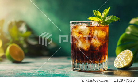 Refreshing glass of Cuba Libre cocktail with ice, mint, and lime on a green background, ideal for summer drink promotions. 122977539