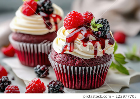 Delicious red velvet cupcakes topped with creamy frosting, fresh berries, and berry sauce. 122977705