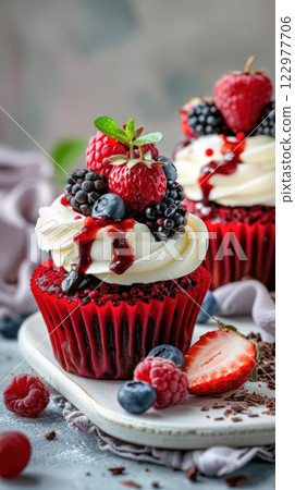 Delicious red velvet cupcakes topped with creamy frosting, fresh berries, and berry sauce. 122977706