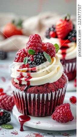 Delicious red velvet cupcakes topped with creamy frosting, fresh berries, and berry sauce. 122977707