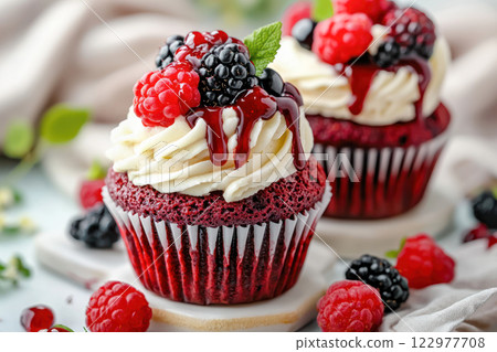 Delicious red velvet cupcakes topped with creamy frosting, fresh berries, and berry sauce. Delicious red velvet cupcakes topped with creamy frosting, fresh berries, and berry sauce. 122977708