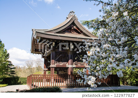 The historic Imperial Gate at the Japanese Garden in Kew Gardens, a London suburb, under a clear blue sky The historic Imperial Gate at the Japanese Garden in Kew Gardens, a London suburb, under a clear blue sky 122977827