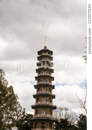 The Great Pagoda surrounded by branches in early spring at Kew Gardens on the outskirts of London 122977834