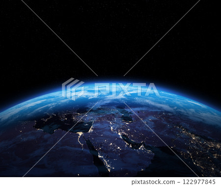 Nightly Earth planet. Space banner template. Middle East. 122977845