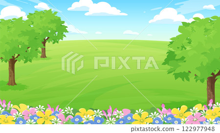 公園景觀插圖，草坪上盛開著春花_16:9 122977948