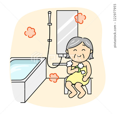 Smiling senior woman washing her body in a warm bathroom Smiling senior woman washing her body in a warm bathroom 122977955