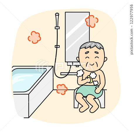 Smiling senior man washing his body in a warm bathroom Smiling senior man washing his body in a warm bathroom 122977956