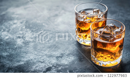 Two glasses of whiskey with ice cubes on a textured surface, with space for text, ideal for beverage branding, product advertising, or bar menu presentations. 122977983