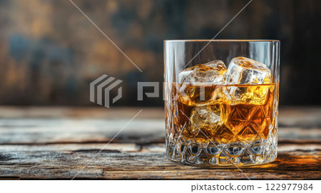 Glass of whiskey with ice cubes on a wooden surface, with space for text, ideal for product advertising or beverage branding. 122977984