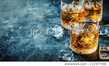 Two glasses of whiskey with ice cubes on a textured surface, with space for text, ideal for beverage branding, product advertising, or bar menu presentations. 122977986