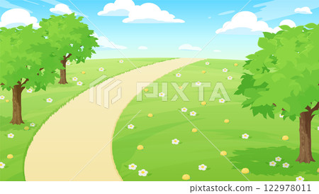 鮮花盛開的草地景觀插圖_16:9 122978011