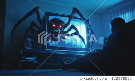 Eerie giant spider emerges from television with red eyes, casting ominous glow in dark living room as child sits in fear Eerie giant spider emerges from television with red eyes, casting ominous glow in dark living room as child sits in fear 122978033