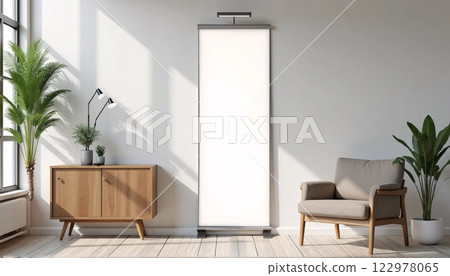 A realistic 3D model of a vertical banner for mockup advertisement in a modern setting. 122978065