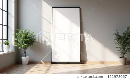 A realistic 3D model of a vertical banner for mockup advertisement in a modern setting. A realistic 3D model of a vertical banner for mockup advertisement in a modern setting. 122978067