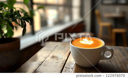 Morning Espresso on Wooden Table in Cozy Urban Cafe 122978070