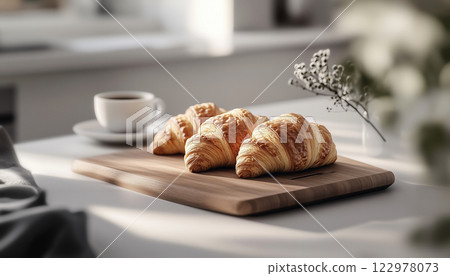 Golden Croissants on Wooden Board in Cozy Morning Kitchen 122978073