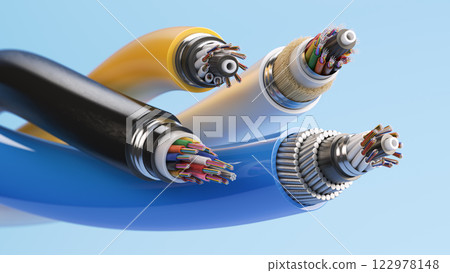 Fiber optical internet cable of various types. Cross section layers structure of fiber cables. 122978148