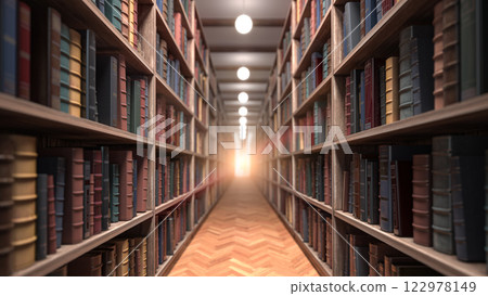 Old books on bookshelves in a vintage library. 122978149