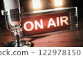 Microphone and on air board. Vintage radio, podcast, broadcasting studio.. 122978150