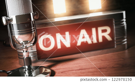 Microphone and on air board. Vintage radio, podcast, broadcasting studio.. Microphone and on air board. Vintage radio, podcast, broadcasting studio.. 122978150
