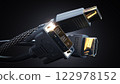 Various types of digital video cables plugs and display connectors. HDMI, Display port and DVI cables. 122978152