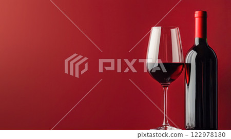 Red wine bottle and glass on red background with copy space for text, perfect for advertising or branding. 122978180