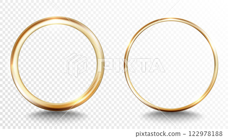 Golden ring isolated on white transparent background. Vector luxury abstract light effect. Gold color round frame set. Golden circle set with spotlight lights. Premium circle frame 122978188