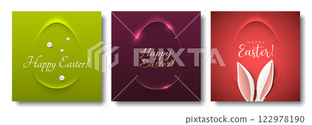 Minimalism paper cut egg shape frame Easter greeting card abstract square social network post template set. Bunny ears, white Happy Easter lettering. Green, purple, pink background, gold elegant line Minimalism paper cut egg shape frame Easter greeting card abstract square social network post template set. Bunny ears, white Happy Easter lettering. Green, purple, pink background, gold elegant line 122978190