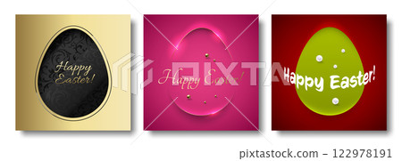 Easter greeting card square social network post template set. Vector paper cut egg shape frame, Happy Easter lettering. Gold, pink, red background, elegant line, black floral pattern, pearl beads Easter greeting card square social network post template set. Vector paper cut egg shape frame, Happy Easter lettering. Gold, pink, red background, elegant line, black floral pattern, pearl beads 122978191