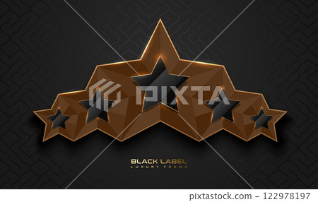 Black glossy 5 star top rank logo badge frame. Luxury gold polygonal stone sign, golden rim border, black background. Abstract vector premium achievement five star glass icon. Reflection light effect Black glossy 5 star top rank logo badge frame. Luxury gold polygonal stone sign, golden rim border, black background. Abstract vector premium achievement five star glass icon. Reflection light effect 122978197
