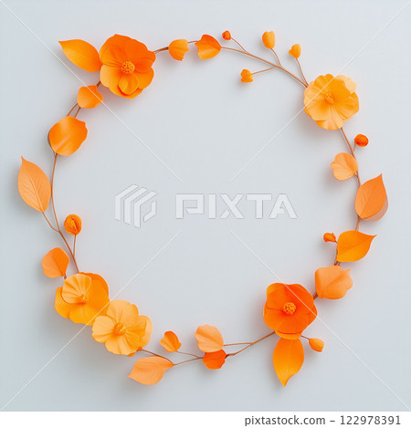 Elegant orange floral wreath with delicate paper-like flowers and leaves, arranged in a semi-circle on a soft background. Ideal for autumn-themed designs,invitations,branding, decorative projects. Elegant orange floral wreath with delicate paper-like flowers and leaves, arranged in a semi-circle on a soft background. Ideal for autumn-themed designs,invitations,branding, decorative projects. 122978391