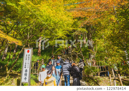 人們在位於豐田市(愛知縣)香嵐溪的小石寺的秋葉間漫步 人們在位於豐田市(愛知縣)香嵐溪的小石寺的秋葉間漫步 122978414